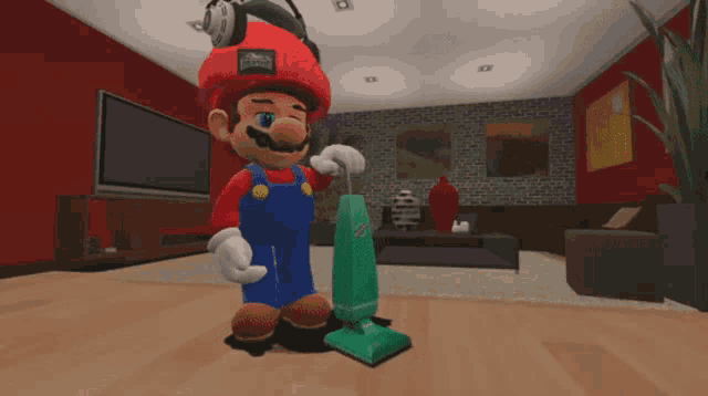 mario is wearing headphones while standing next to a green vacuum cleaner