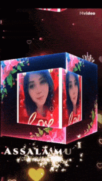 a 3d cube with a picture of a woman and the word love on it
