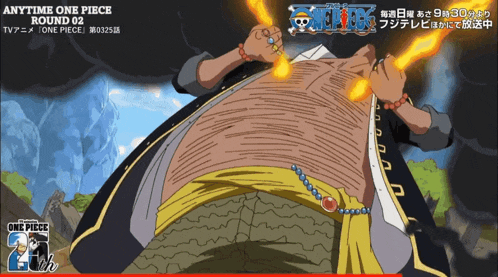 a poster for anytime one piece round 02 shows a man holding a fireball