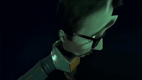 a close up of a cartoon character with glasses on