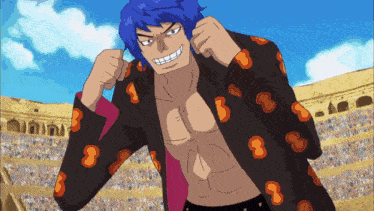a man with blue hair is wearing a black jacket with orange circles on the sleeves