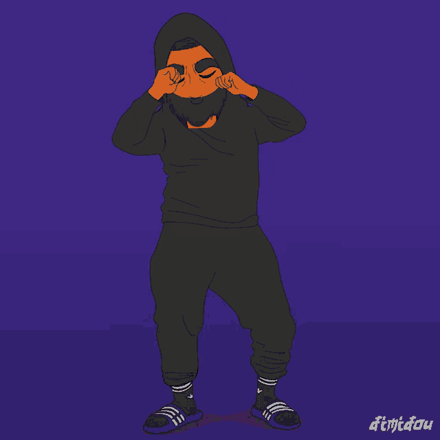 a cartoon of a man wearing a hoodie and socks with the word dtmidou on the bottom right