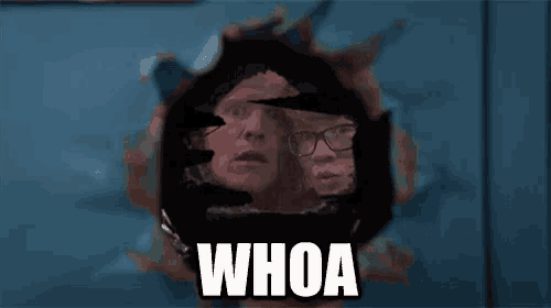 a man and a woman are looking through a hole in a wall and the word whoa is written above them