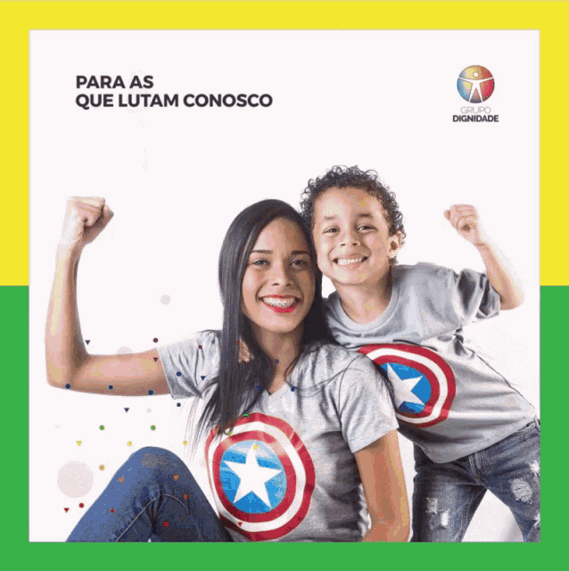 a woman and a boy are posing for a picture with the words para as que lutam conosco