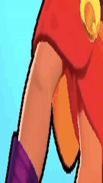 a close up of a cartoon character 's arm with a red shirt and purple boots .
