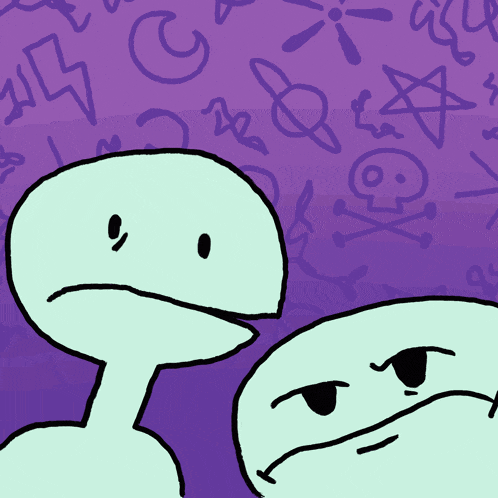 a drawing of two cartoon characters with a purple background with drawings of skulls and crossbones