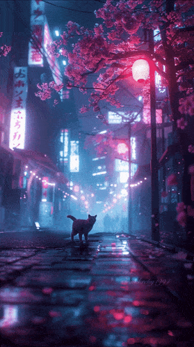 a cat walking down a street with a sign that says lucky 1994 on it