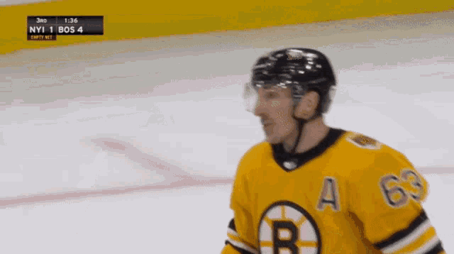 a hockey player wearing a jersey with a b on it