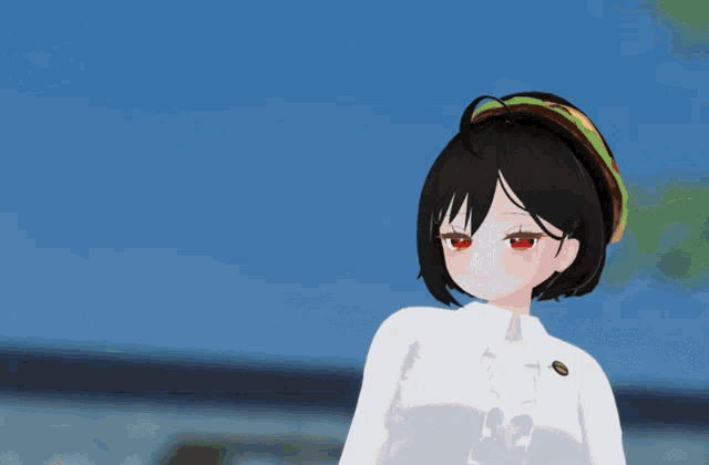 a girl with red eyes is wearing a white shirt and a black skirt
