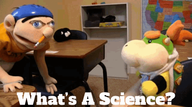 two stuffed animals in a classroom with the words " what 's a science " below them