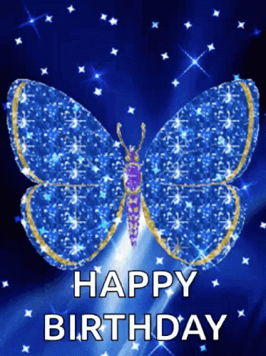 a blue butterfly is flying in the night sky and says happy birthday