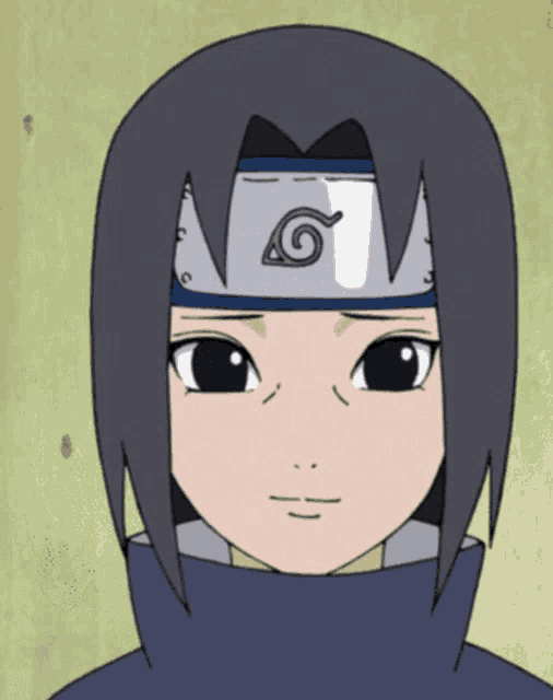 a close up of a cartoon character with a headband with a leaf on it