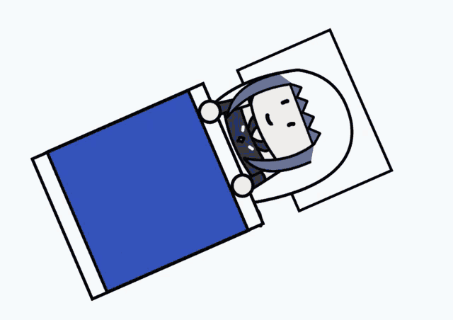 a cartoon character is laying in a bed with a blue comforter