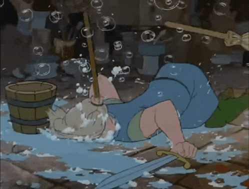 a cartoon of a man holding a sword and a mop