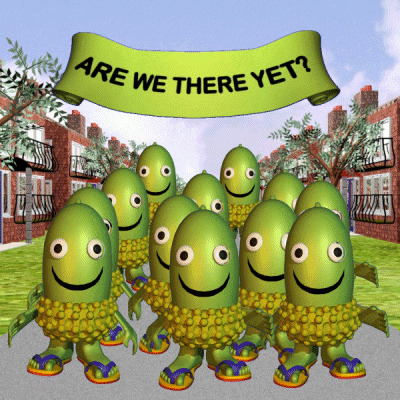 a bunch of green cartoon characters are standing under a banner that says are we there yet