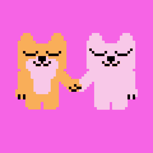 a pixel art of two dogs holding hands in front of a red heart