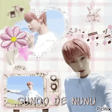 a collage of pictures of a boy with pink hair and a heart shaped frame .