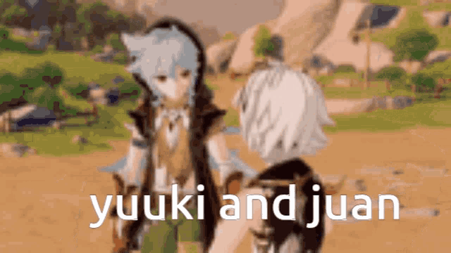 a couple of anime characters standing next to each other with the words yuuki and juan on the bottom .