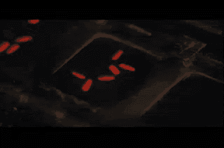 a dark room with a few red lights on the walls