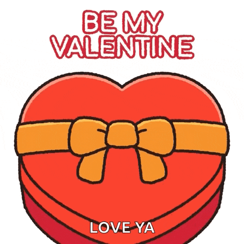 a valentine 's day card with a heart shaped box with a yellow bow and the words be my valentine love ya