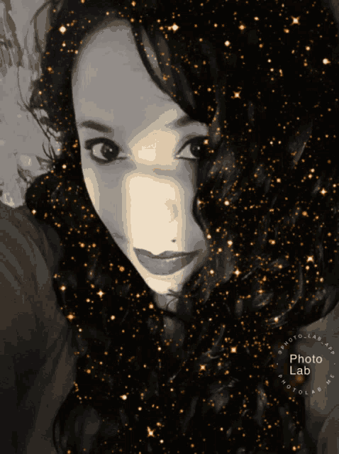 a black and white photo of a woman with a photo lab logo around her