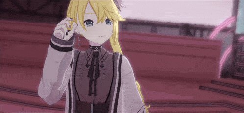 a girl with blonde hair and blue eyes is wearing a choker and earrings while standing on stairs .