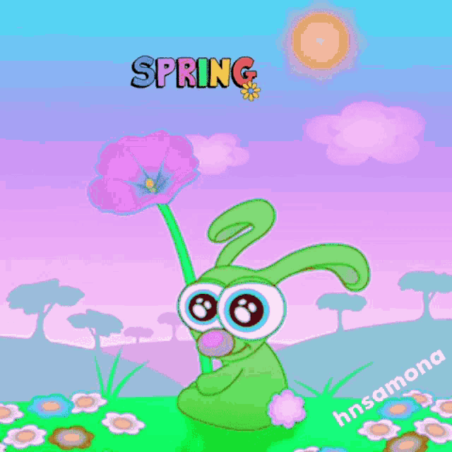 a cartoon of a bunny holding a pink flower with the words spring written above it