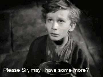 a black and white photo of a boy with the caption please sir may i have some more ?