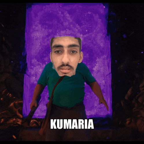 a man in a green shirt is standing in front of a purple background and the name kumaria is on the bottom