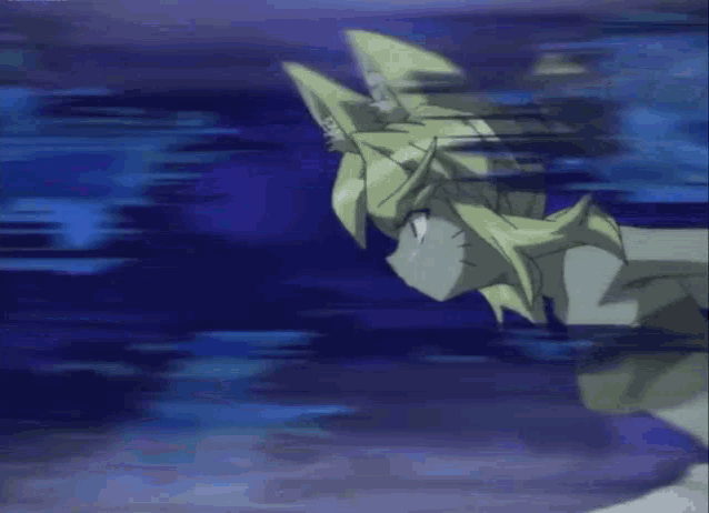 a cartoon character is flying through the air with a blue background