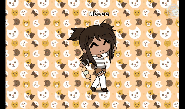 a girl is holding an ice cream cone in front of a cat pattern and the word meeeee is on the bottom