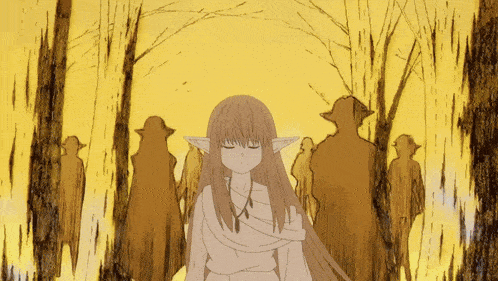 a drawing of a girl with long hair and elf ears standing in a forest