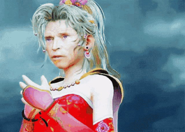 a woman in a red dress and pink gloves with a blue sky behind her