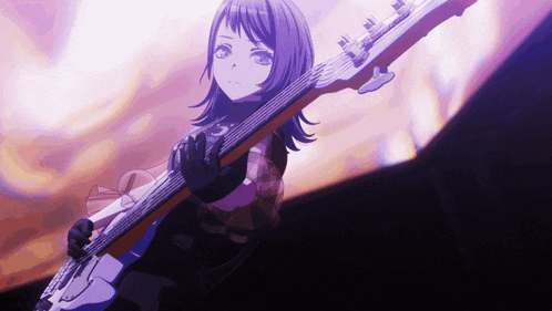 a girl holding a guitar with a purple sky in the background