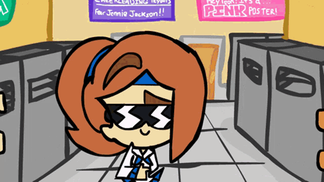 a cartoon of a girl in a locker room with a sign that says pennr poster