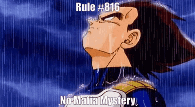 a cartoon character with the words rule # 816 no mafia mystery written on the bottom