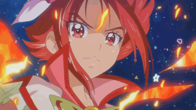 a close up of a cartoon character with red hair and a star in the background