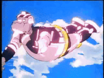 a cartoon character is flying through the air with a blue sky behind him .