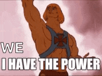 he man from the masters of the universe is holding up his fist in the air and saying `` we have the power '' .