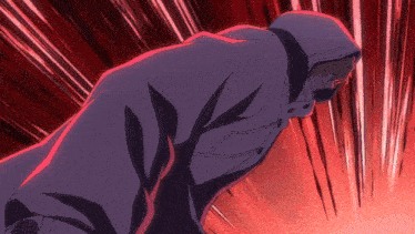a cartoon character with a hood on his head is standing in front of a red background
