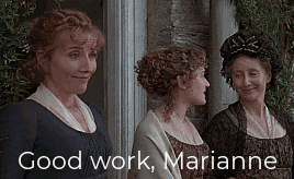 three women standing next to each other with the words " good work marianne " written below them