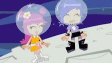 a couple of cartoon characters standing next to each other with their eyes closed