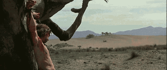 a man with blood on his shirt is hanging from a tree in the desert