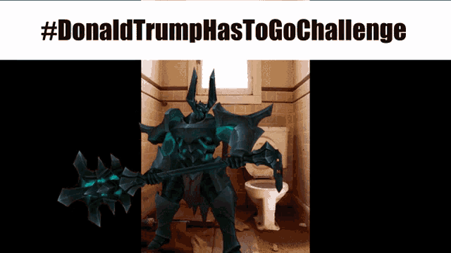 a picture of a video game character in a bathroom with the words #donald trumphas to go challenge