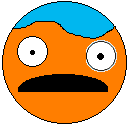 a pixel art drawing of an orange smiley face with a blue haircut