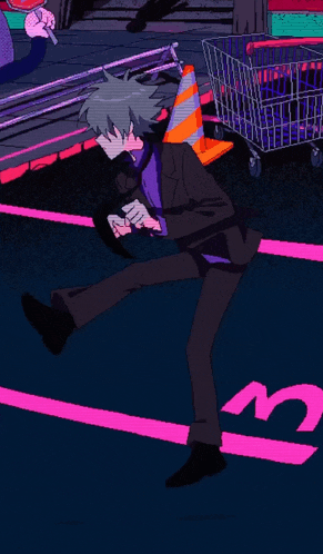 a man in a suit has a cone on his head and a shopping cart in the background