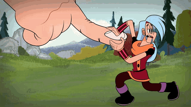 a cartoon of a girl fighting a giant hand