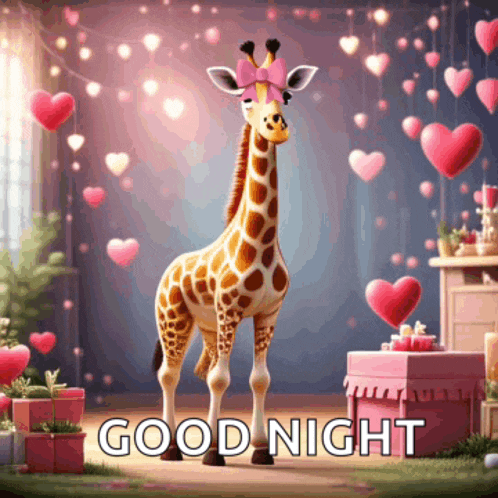 a giraffe wearing a pink bow on its head is standing in a room with hearts and gifts