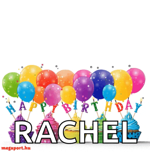 colorful balloons and cupcakes with the name rachel