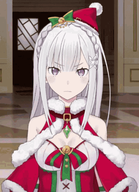a girl with white hair and a santa hat on